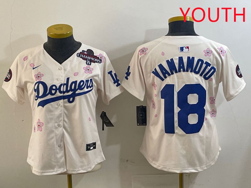 Youth Los Angeles Dodgers #18 Yamamoto Cream Sakura Edition 2025 Nike MLB Jersey style 9->youth mlb jersey->Youth Jersey